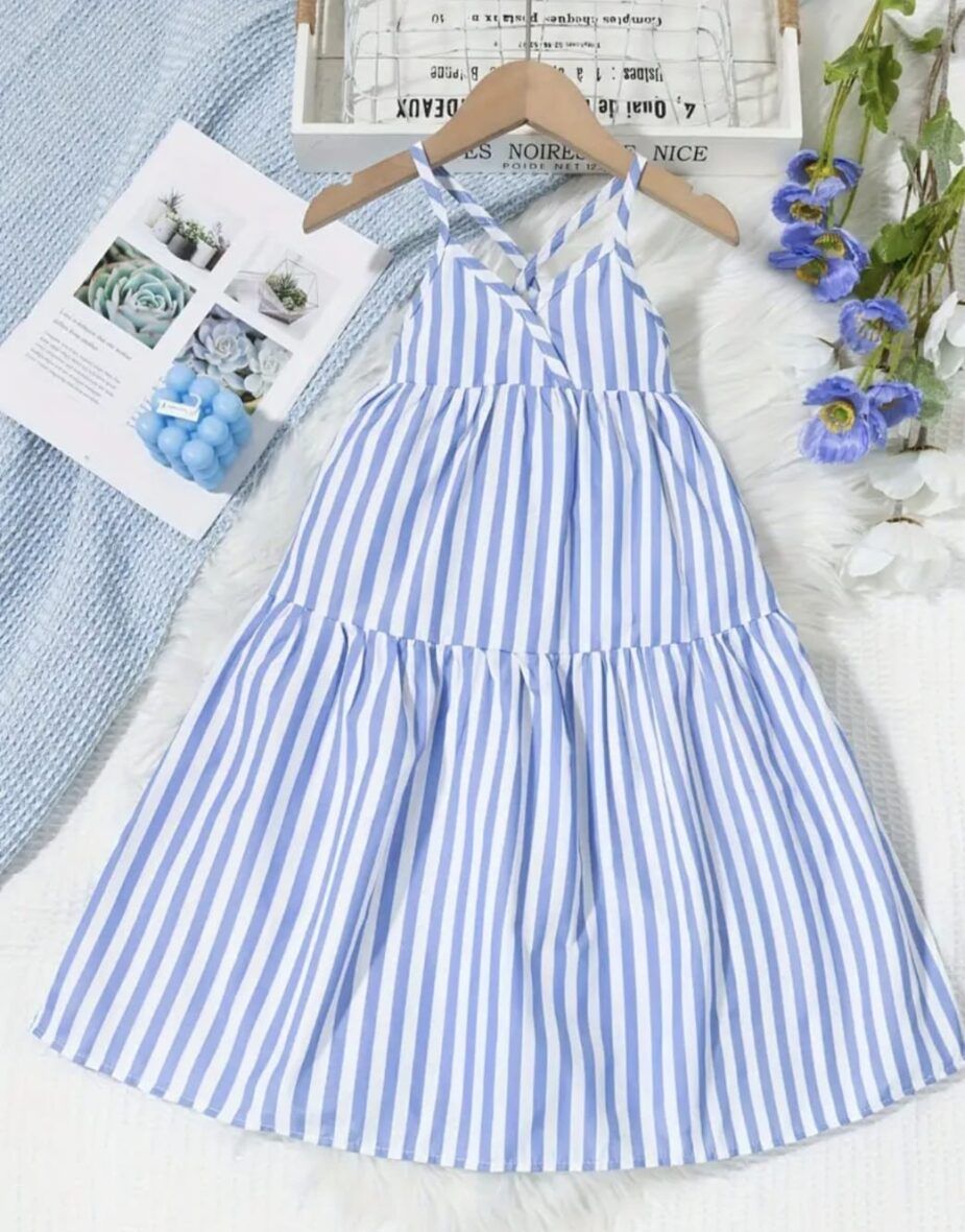 Girls Blue Stripped Layered Spaghetti Strap Dress