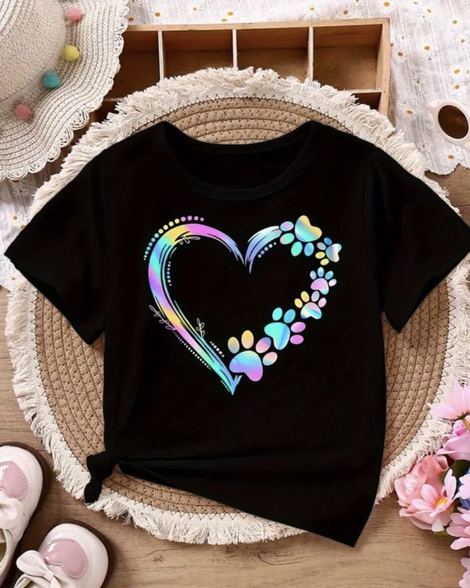 Girls Black Heart Paw Print Tee