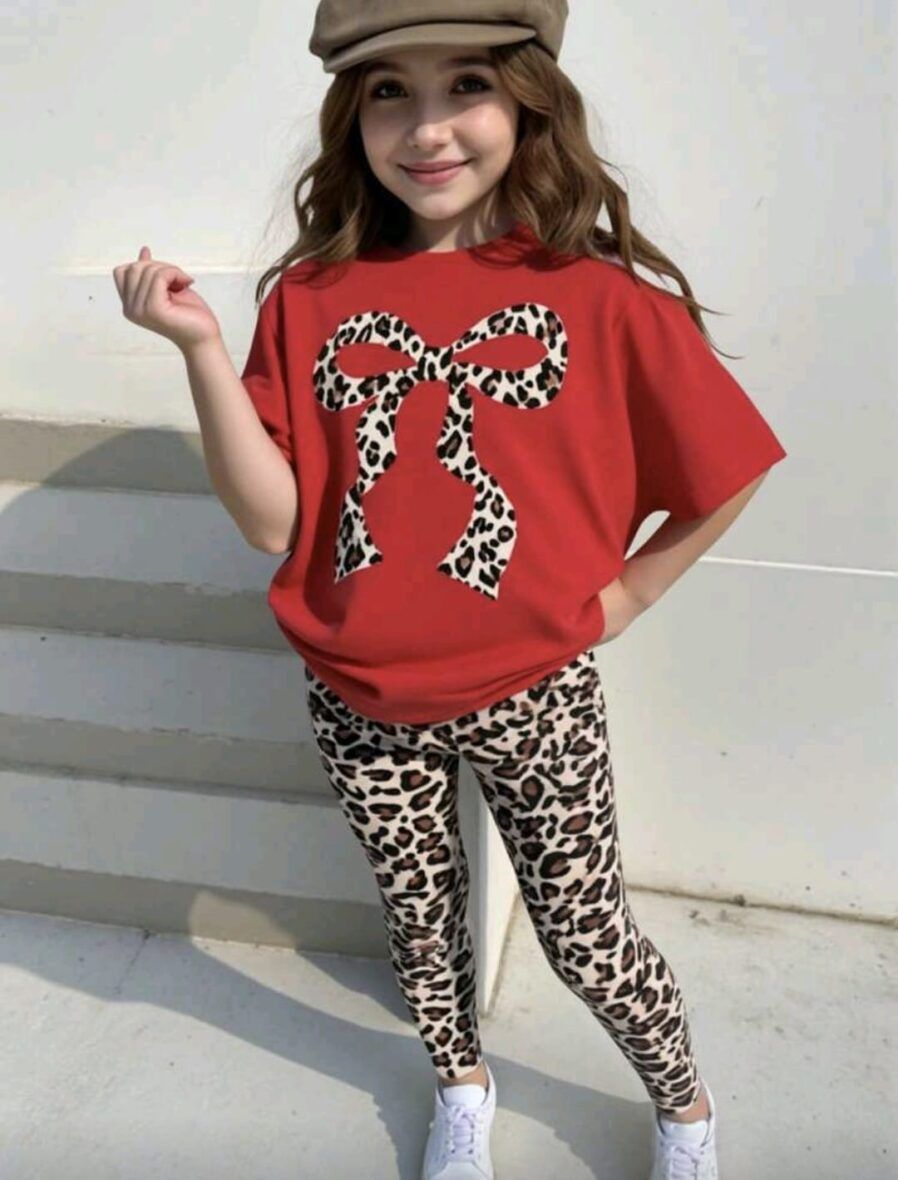 Shein Girls Leopard Print Bow T- Shirt and Legging Set