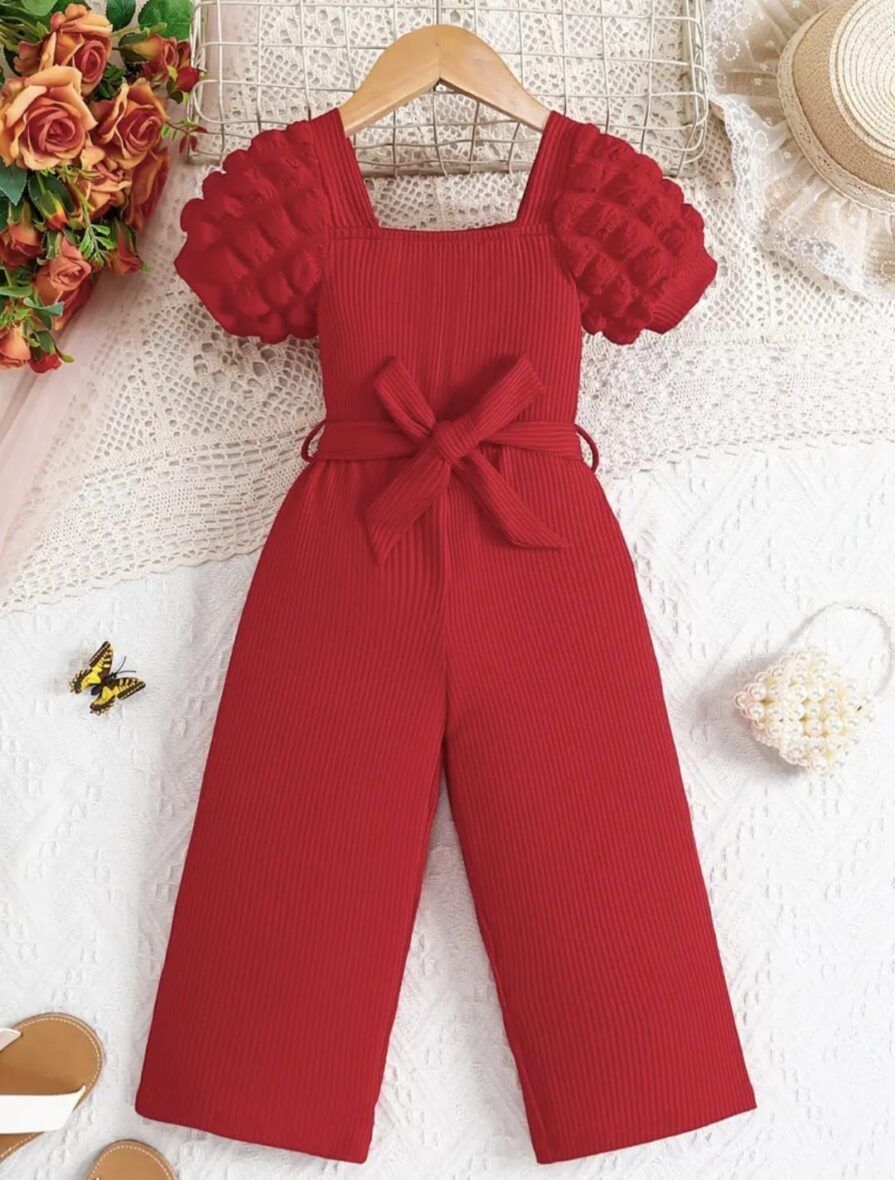 Toddler Girls Puff Sleeve Red Romper