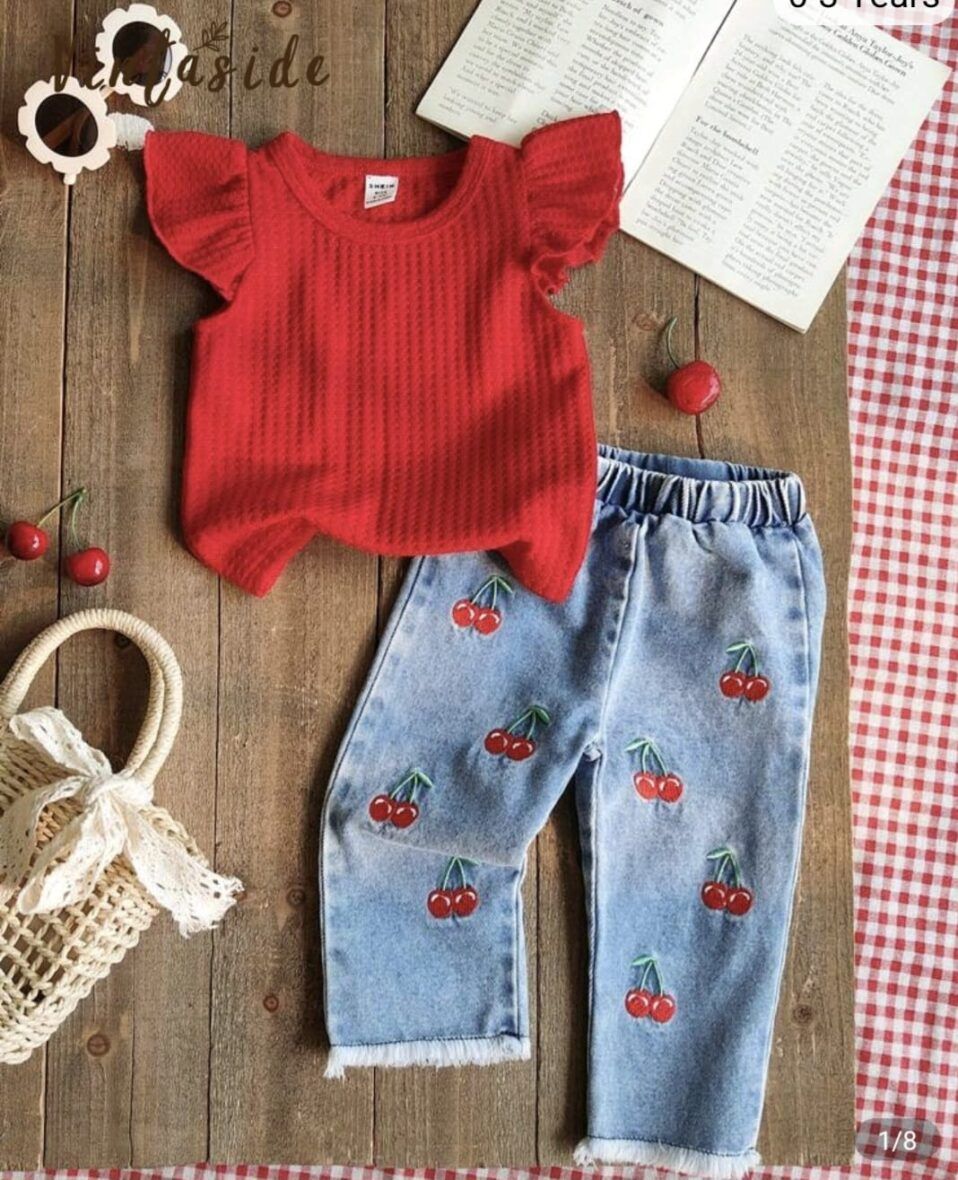 Shein Toddler Girls Cherry Denim Jeans and Top Set