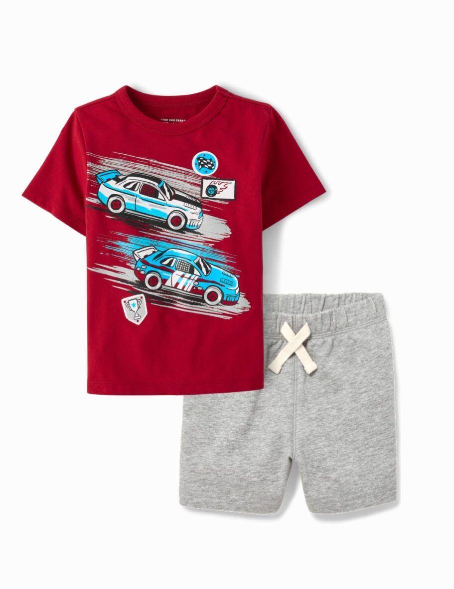 Children’s Place Toddler Boys Race Car Tee & Grey Shorts 2 – Piece Set