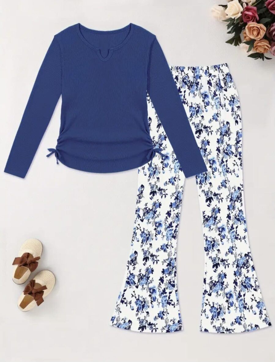 Girls Blue Long Sleeve Top & Floral Pants Set