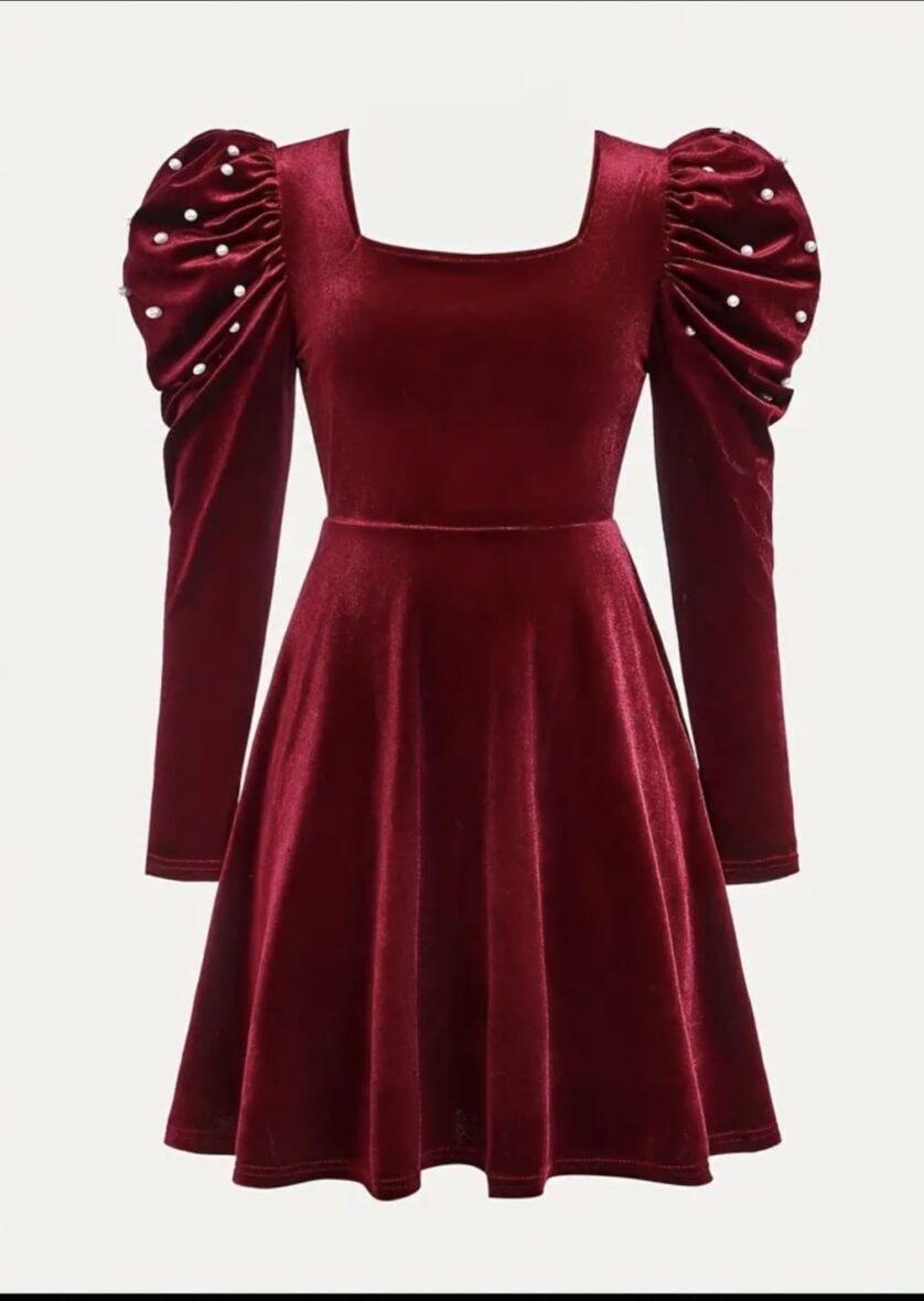 Girl Velvet Burgundy Puff Sleeve Dress