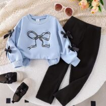 Toddler girls blue sweater black bow top and pants set