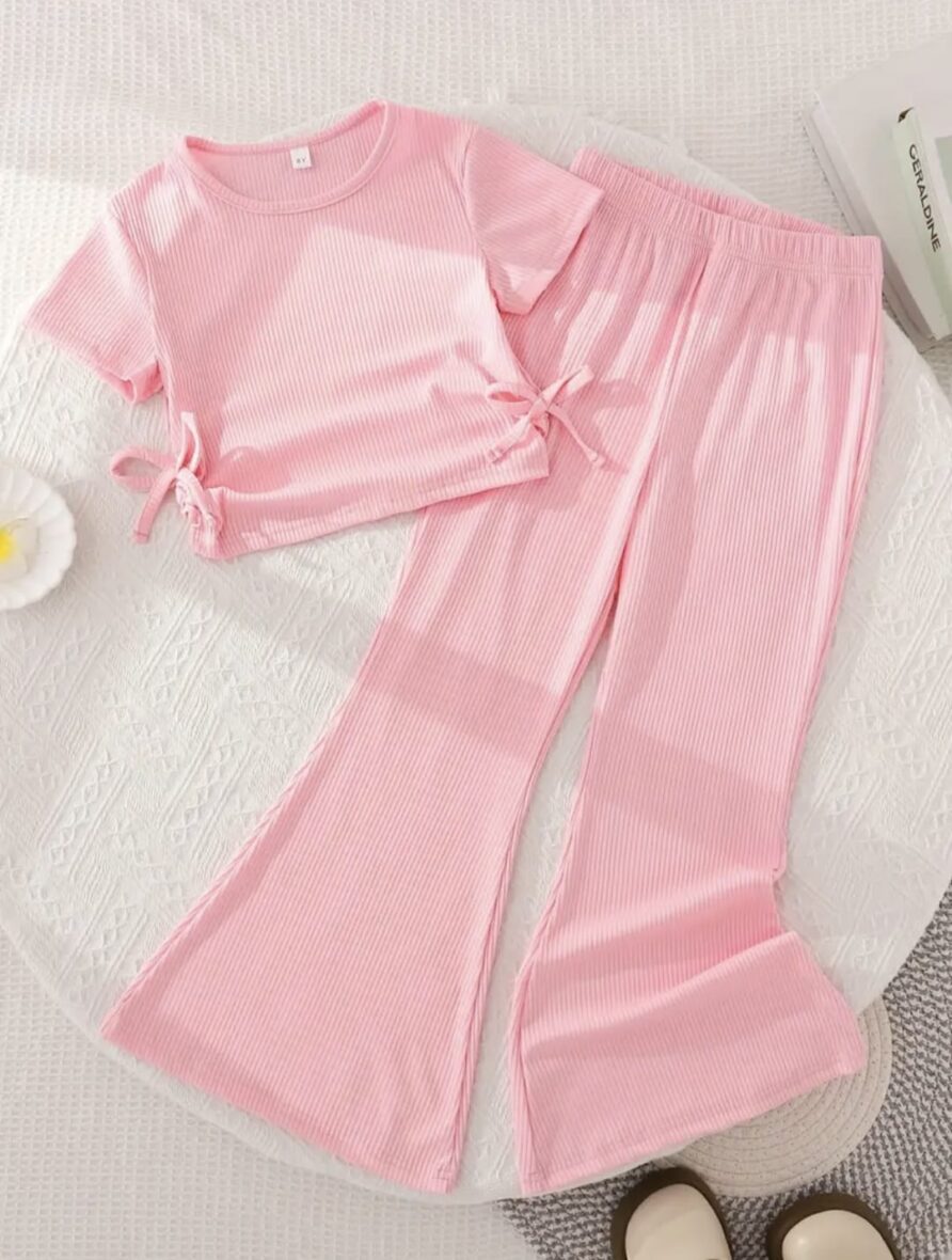 Girls Pink Drawstring Top & Flare Pants Set