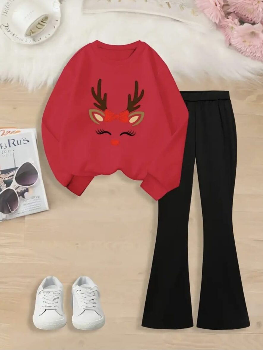 Girls Red Sweater & Flare Leggings Christmas Set