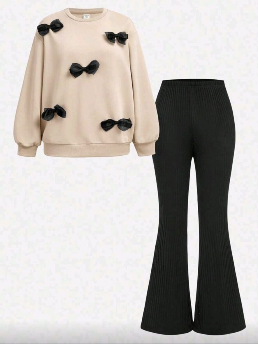 Shein Girls Bow Sweater & Flare Leggings
