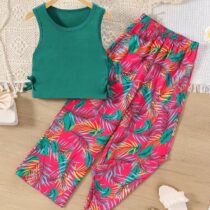 Girls tropical print wide leg pants set