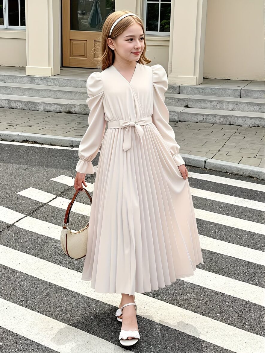 Girls V- Neck Pink Nude Sold Color Long Sleeve Dress