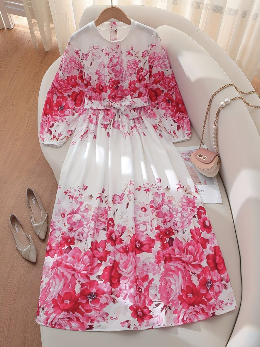 Girls Pink & White Floral Long Sleeve Dress