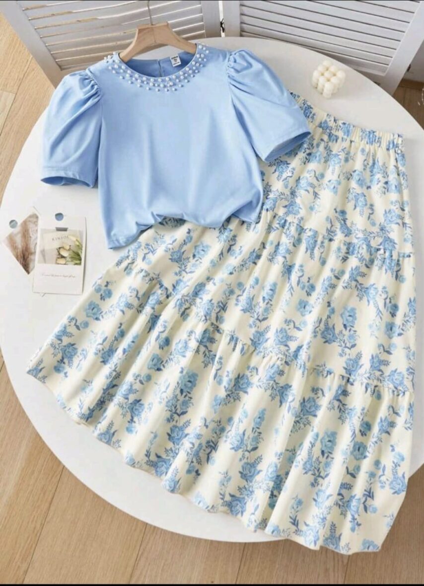 Teen Girls Floral Skirt & Puff Sleeve Top 2 – Piece Set