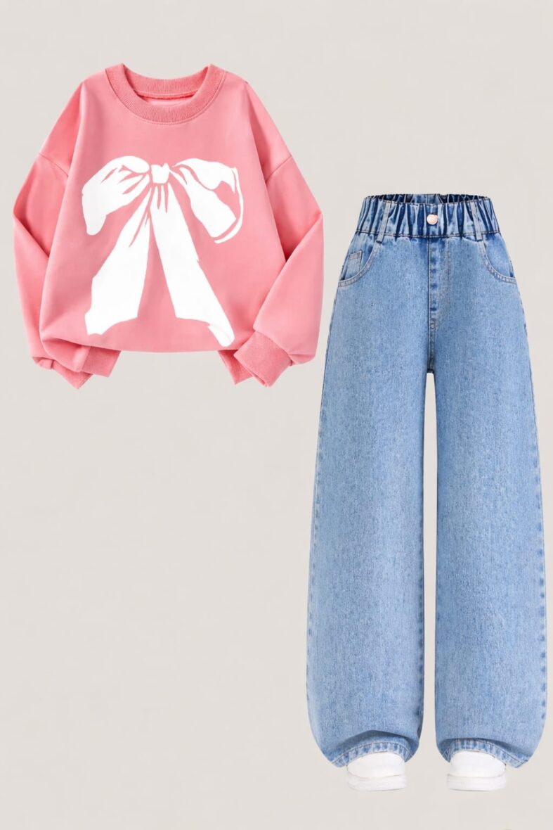 Girls Bow Sweater & Denim Jeans Set