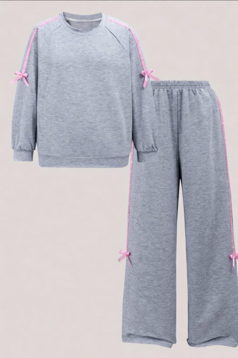Girls Pink Bow Sweatshirt & Wide Leg Pants