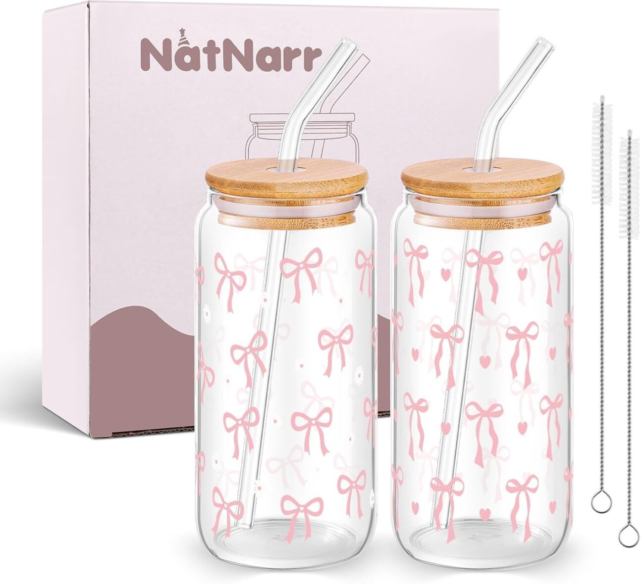 2PC 16oz Bow Glass Tumbler With Lids & Straws