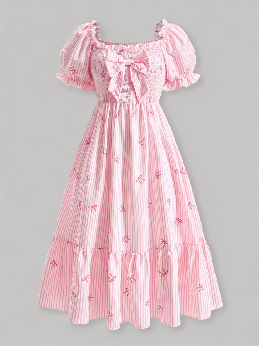 Girls Puff Sleeve Bow Dress