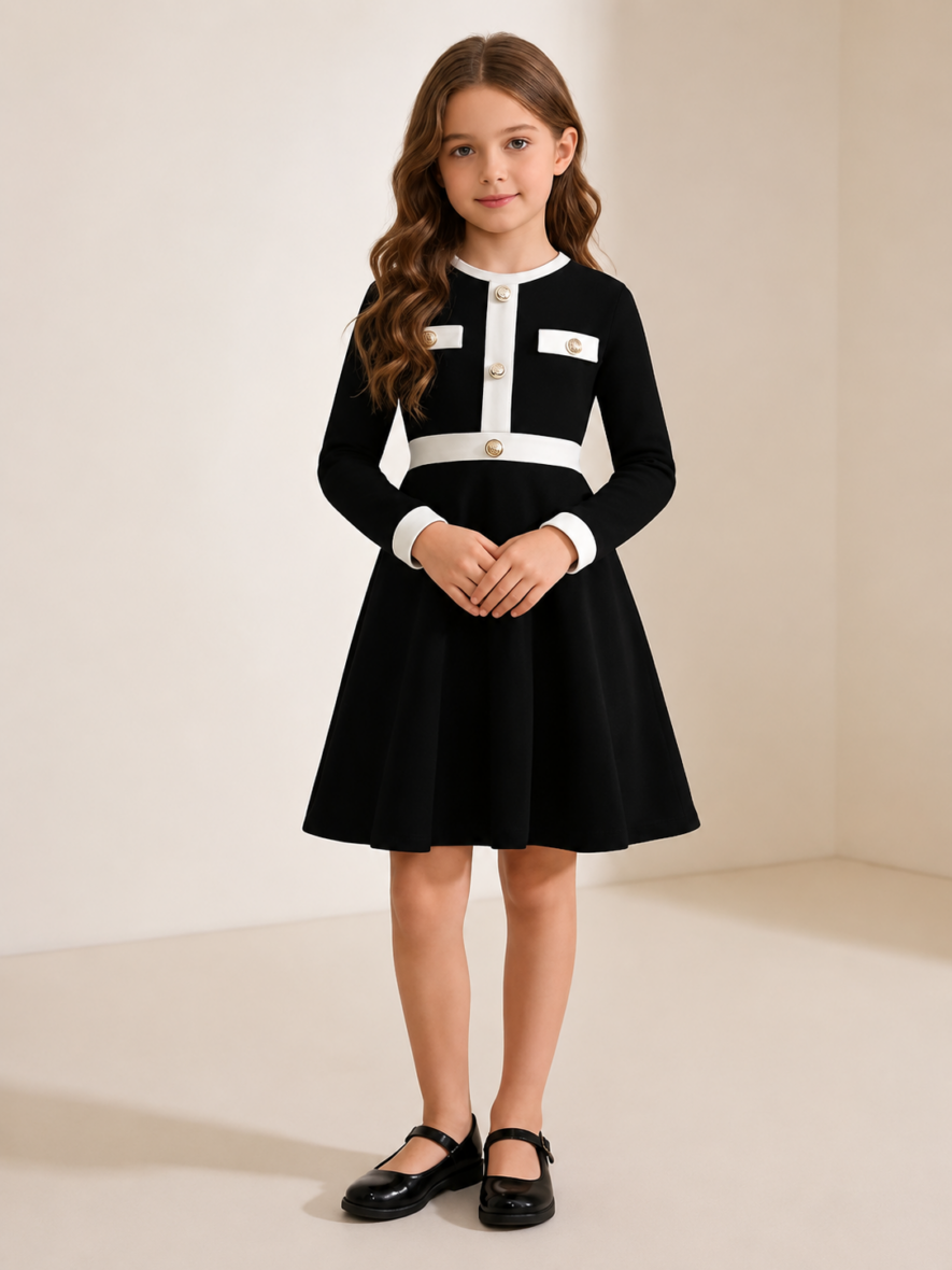 Girls Black & White Long Sleeve Dress