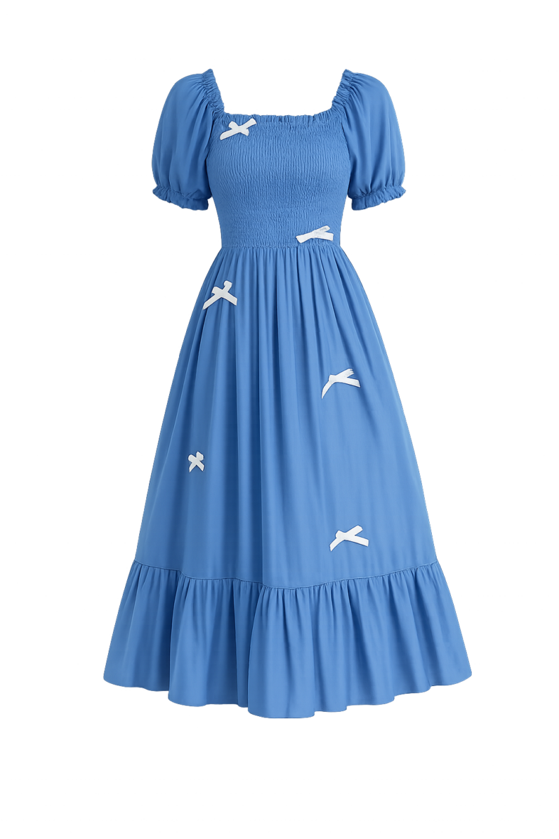 Youth Girls Blue Puff Sleeve Bow Dress