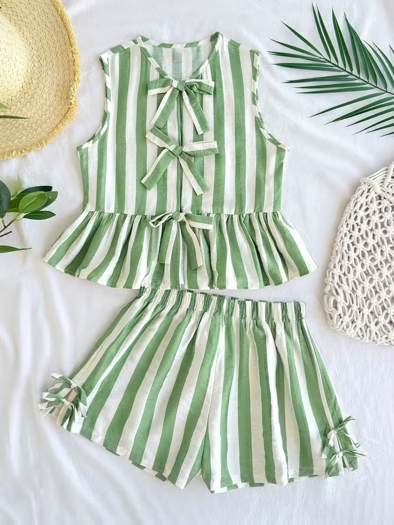 Girls Green Stripe Short Pants Set