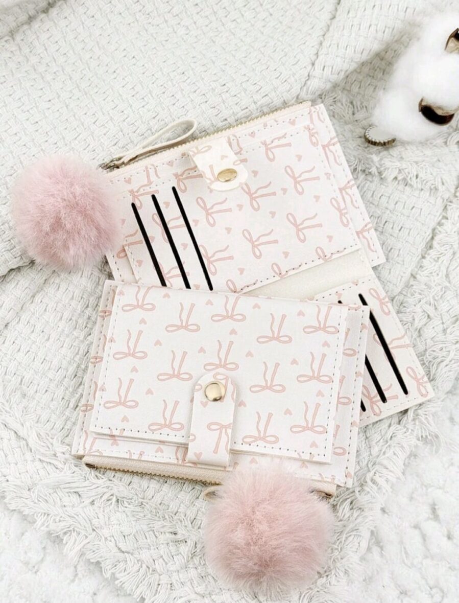Pink Bow Card Holder With Fluffy Keychain