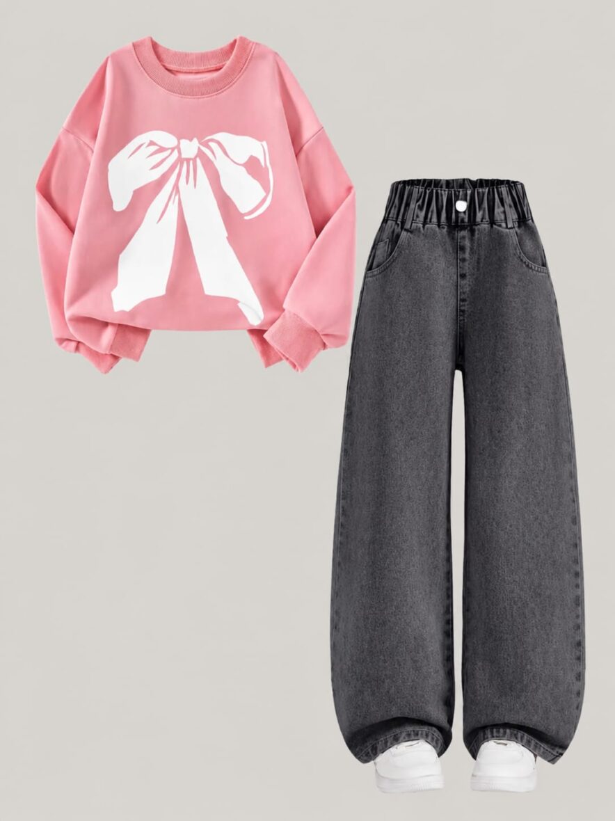 Girls Bow Sweater & Black Denim Jeans Set