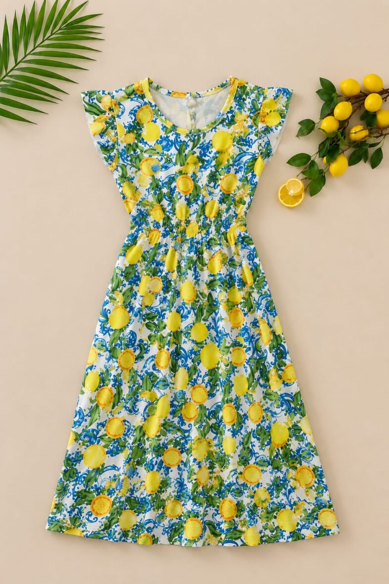Girls Lemon Print Ruffle Sleeve Dress