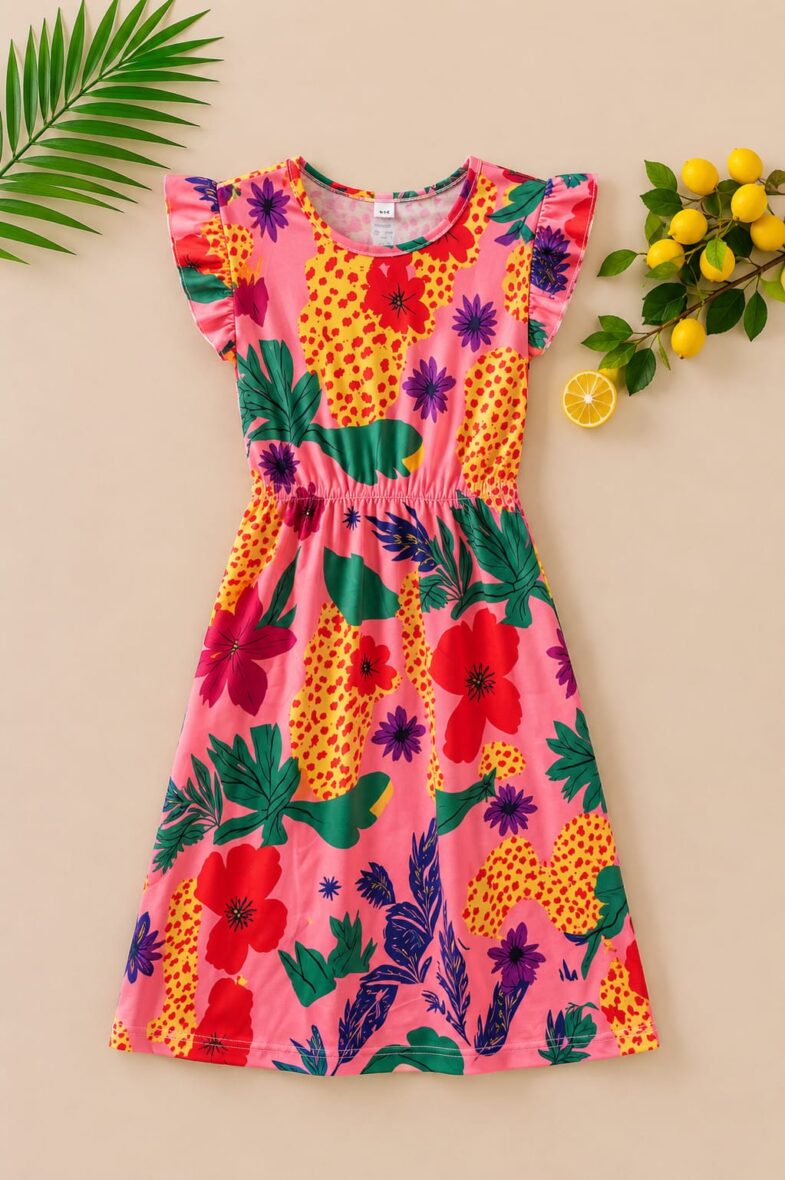 Girls Tropical Print Ruffle Sleeve Dress