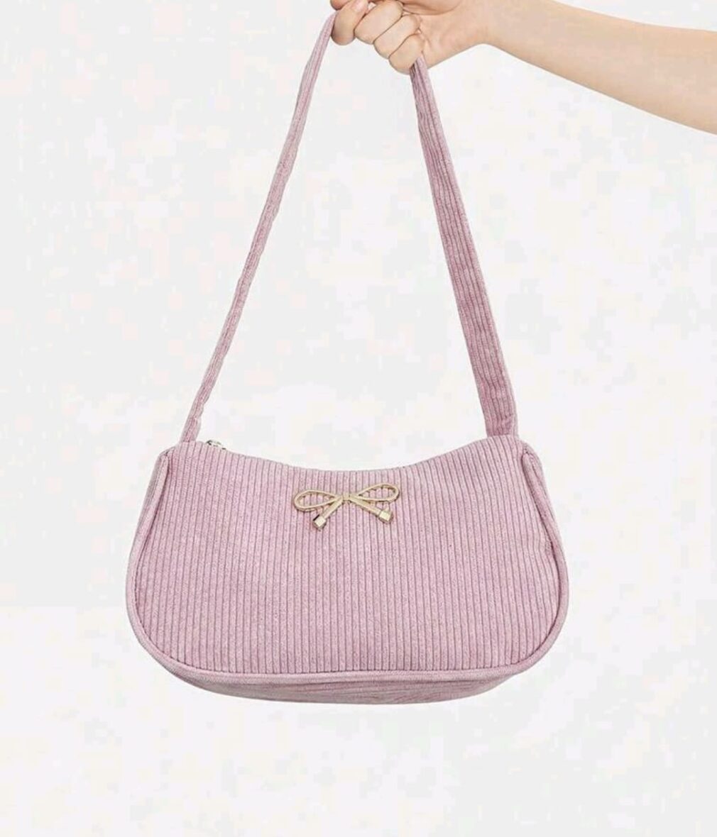 Soft Pink Corduroy Handbag with Gold Bow Detail