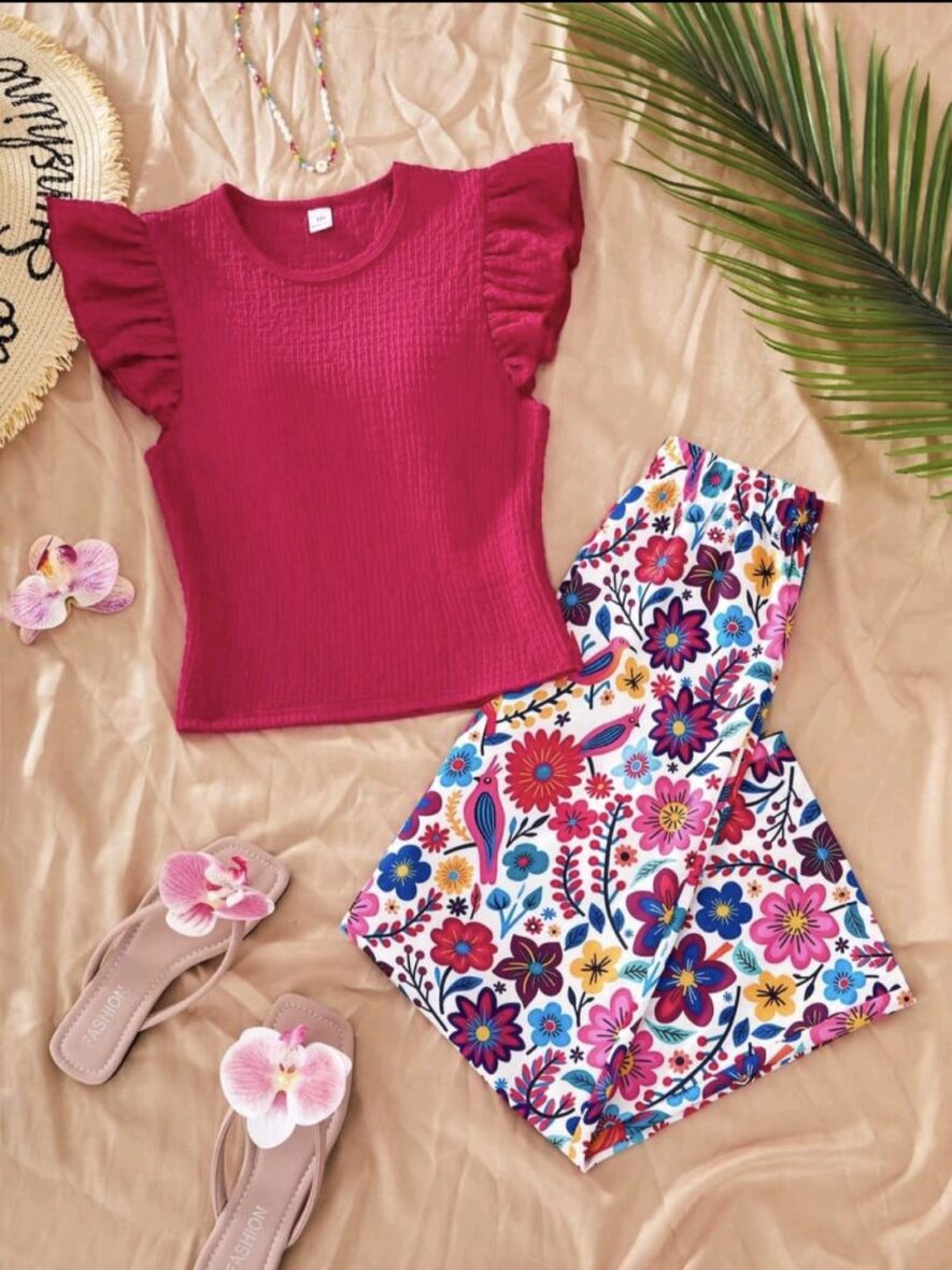 Girls Pink Round Neck Top & Floral Pants Set