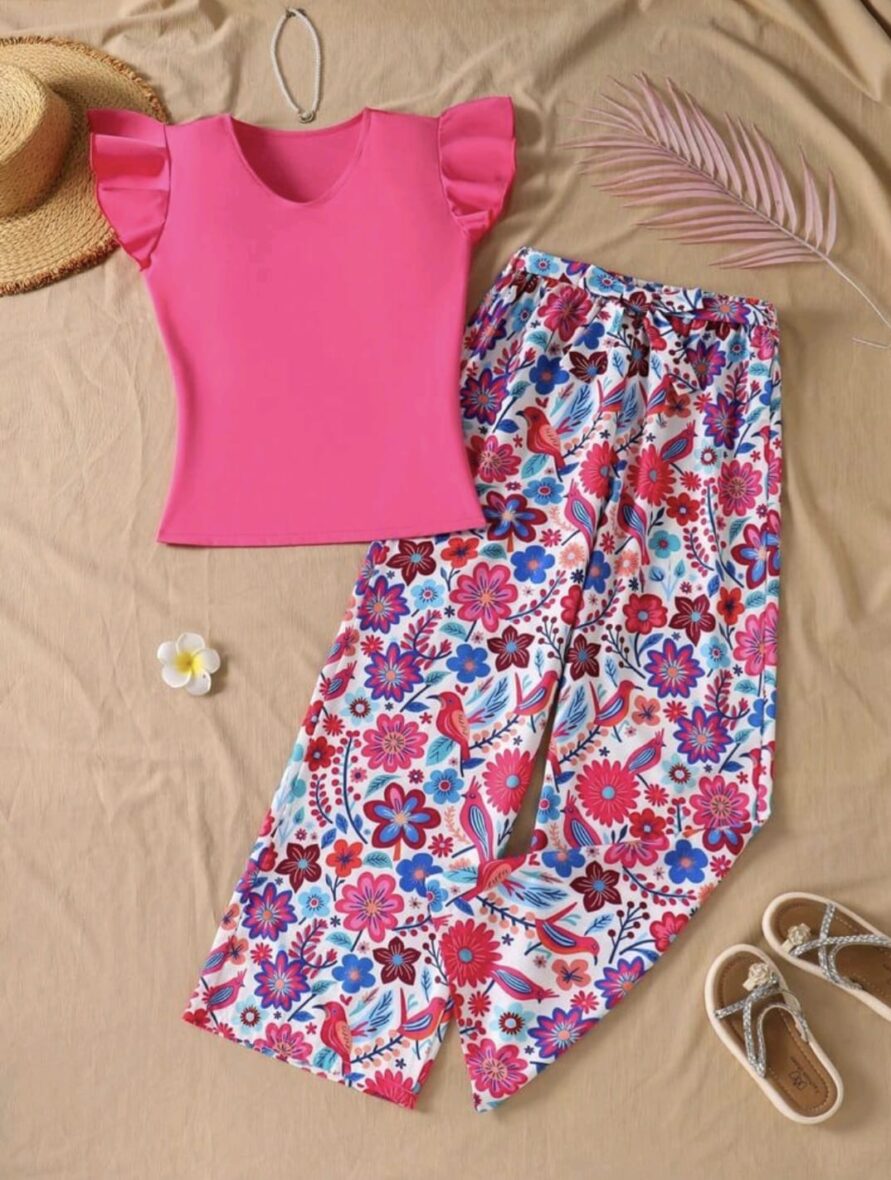 Girls Light Pink V Neck Top & Floral Pants Set