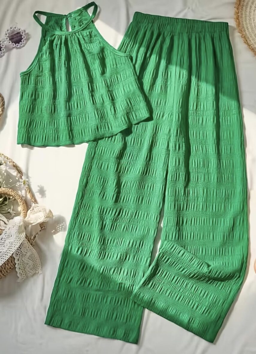 Girls Green Sleeveless Top & Wide Leg Pants