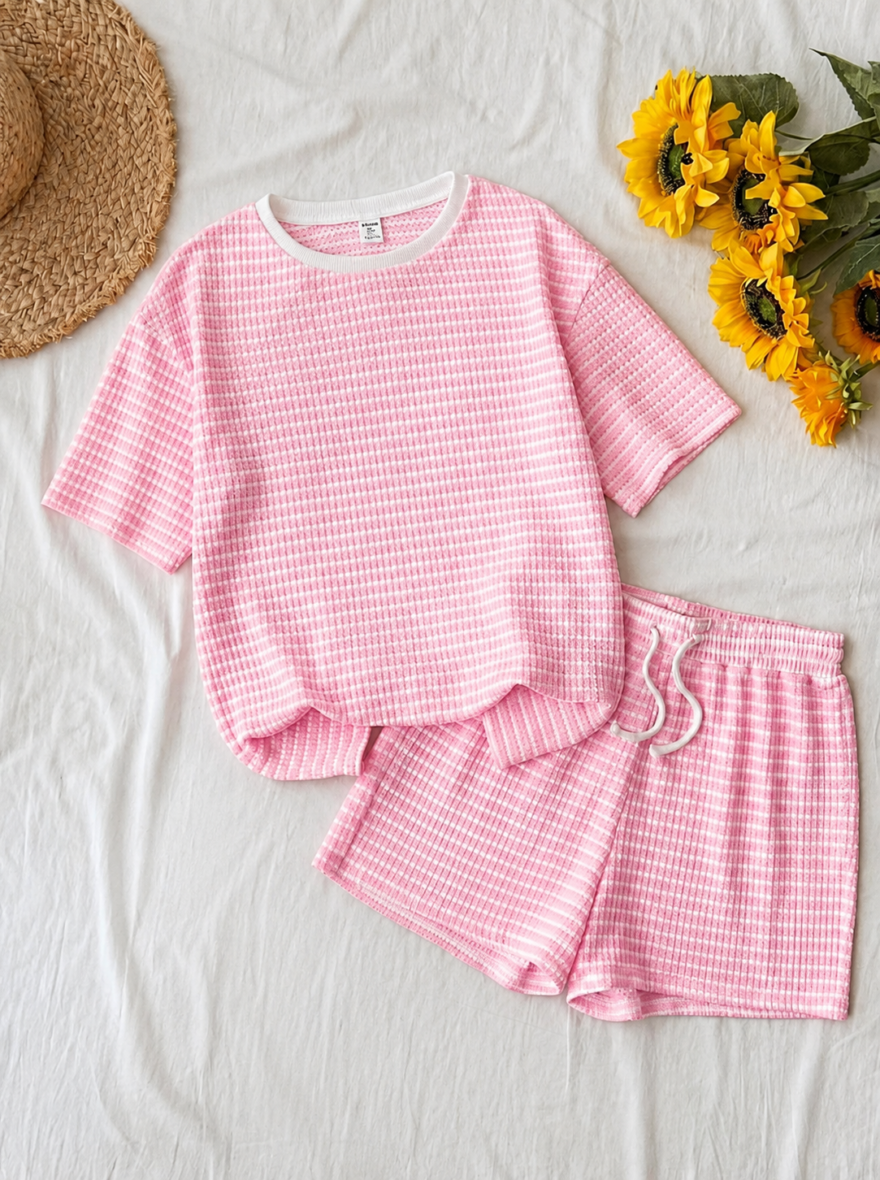 Shein Teen Girls Pink & White Stripe Knit Shorts Set