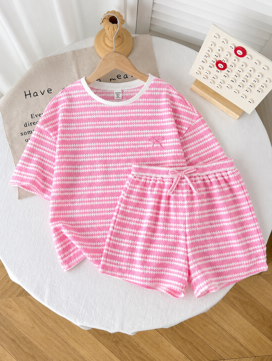 Shein Girls Pink & White Stripe Bow Knit Shorts Set