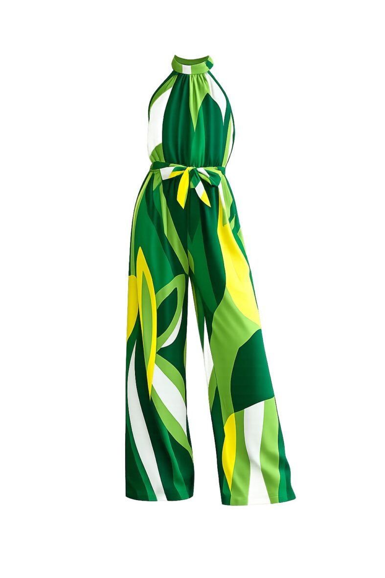 Girls Green & Yellow Halter Back Romper