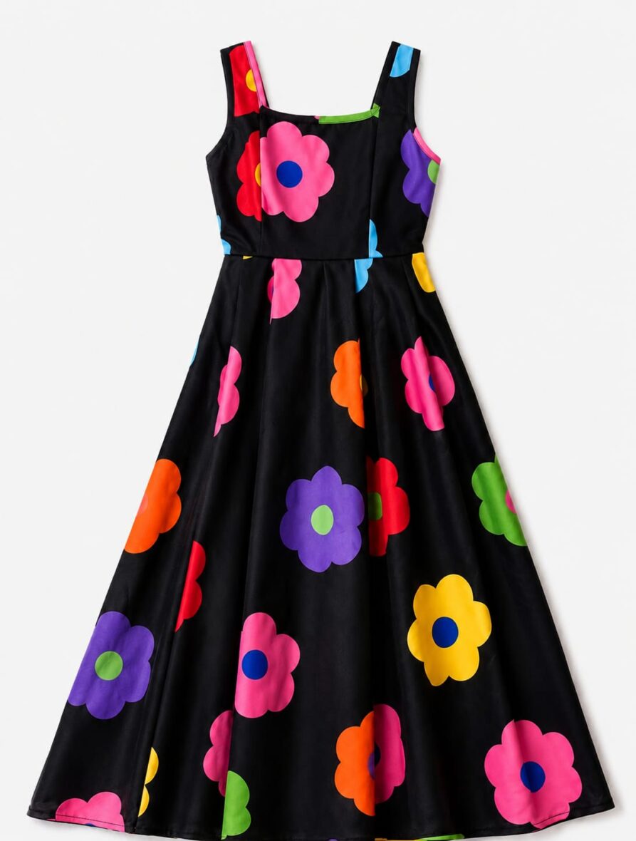 Girls Long Black Colourful Flower Dress