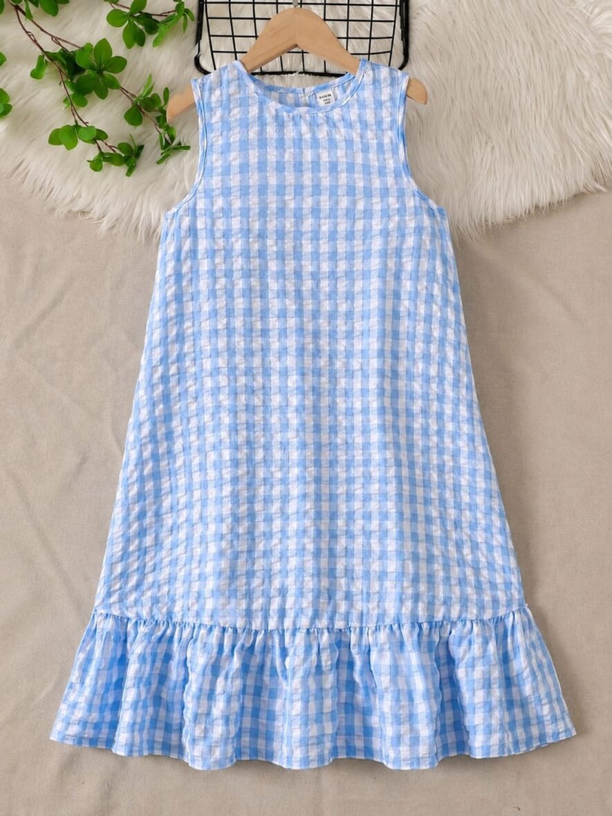 Girls Blue & White Plaid Dress