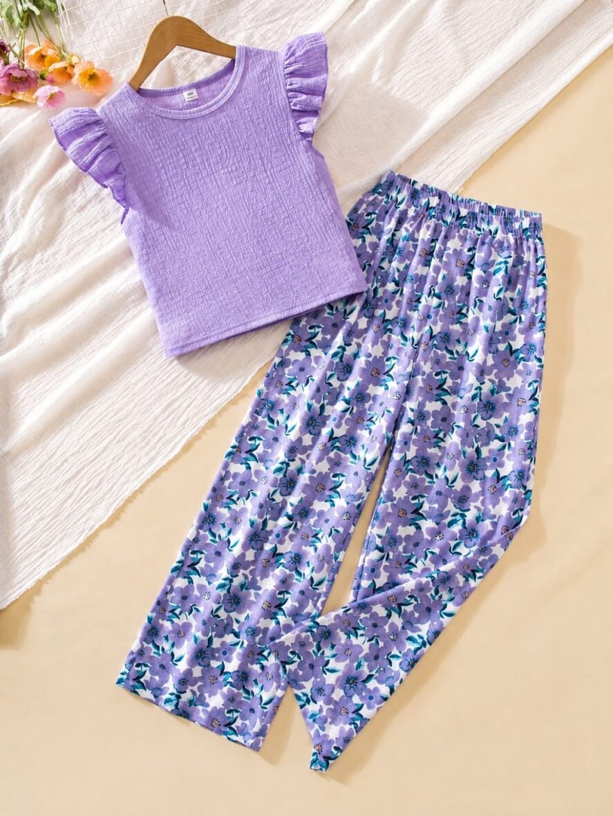 Girls Purple Top & Floral Pants Set