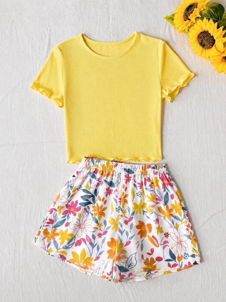 Shein Girls Yellow Top & Flower Shorts Set