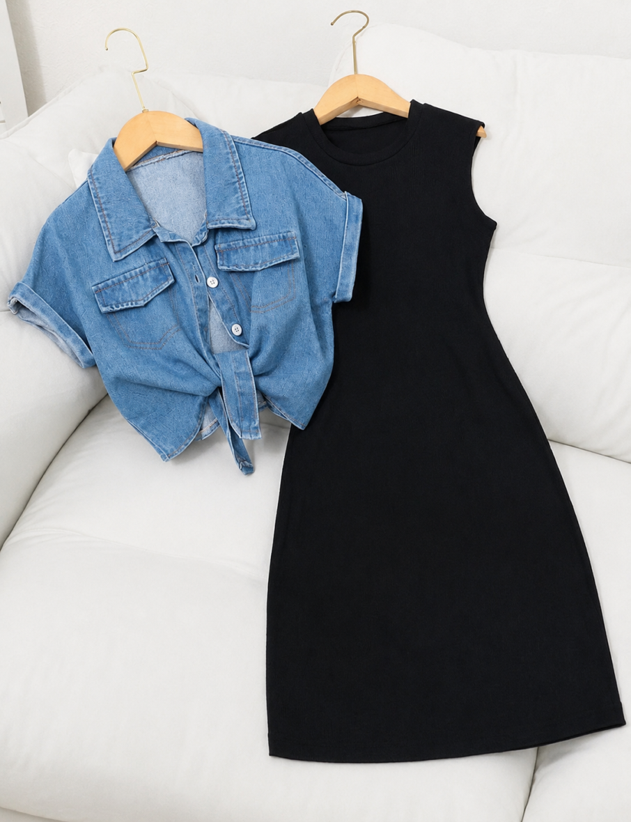 Shein Girls Black Dress & Blue Denim Crop Shop