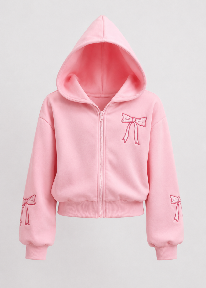 Shein Teen Girls Bow Print Zip up Hoodie