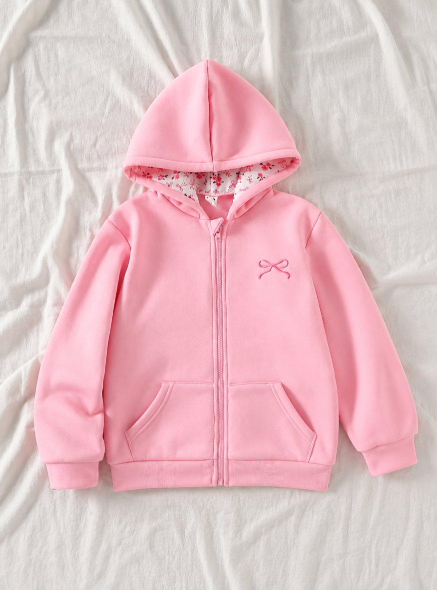 Shein Girls Pink Bow Floral Zip up Hoodie