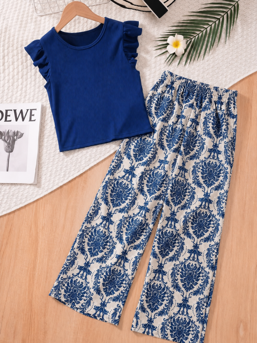 Shein Girls Blue Frill Sleeve Top & Pants Set
