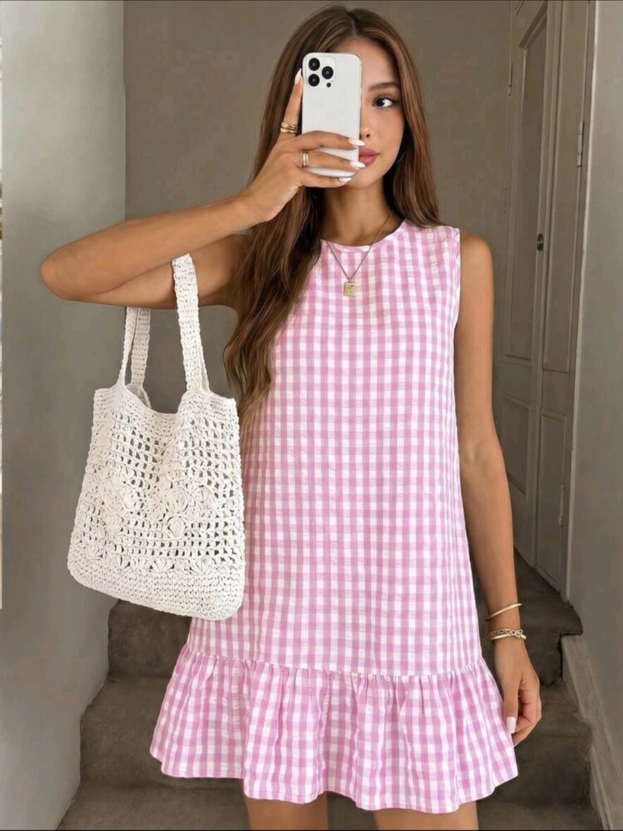 Shein Girls Pink & White Plaid Dress