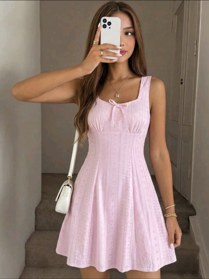 Shein Girls Pink Hollow Knit Textured Dress