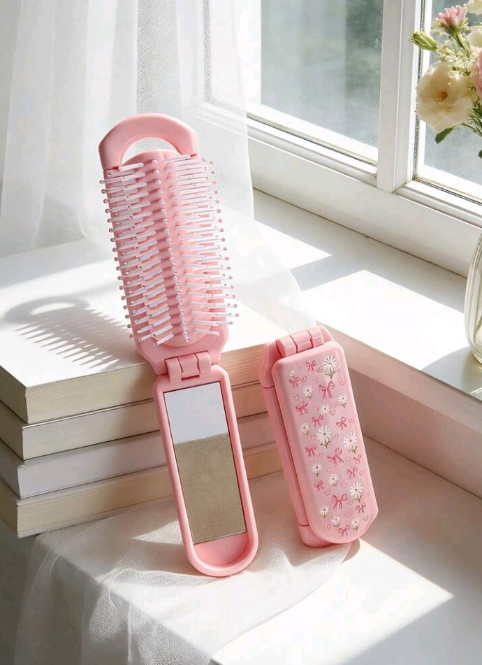 Dainty Flowers & Bow Print Foldable Comb & Mirror