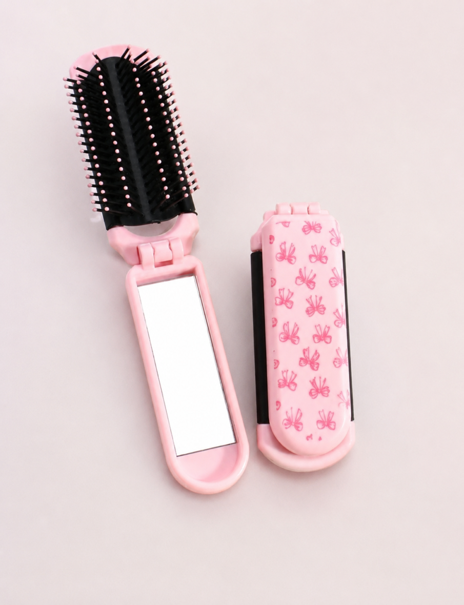 Pink Bow Foldable Comb & Mirror