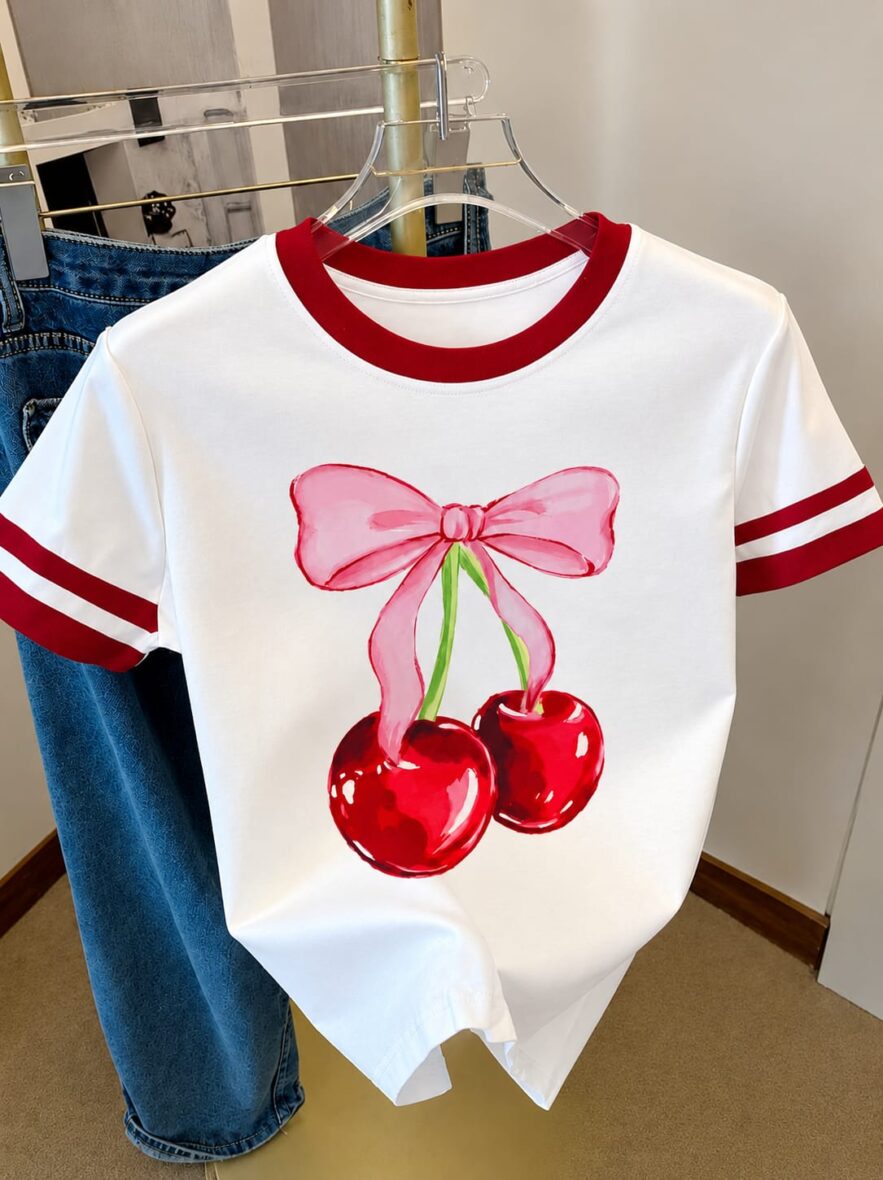 Shein Girls Cherry Bow Print Tee